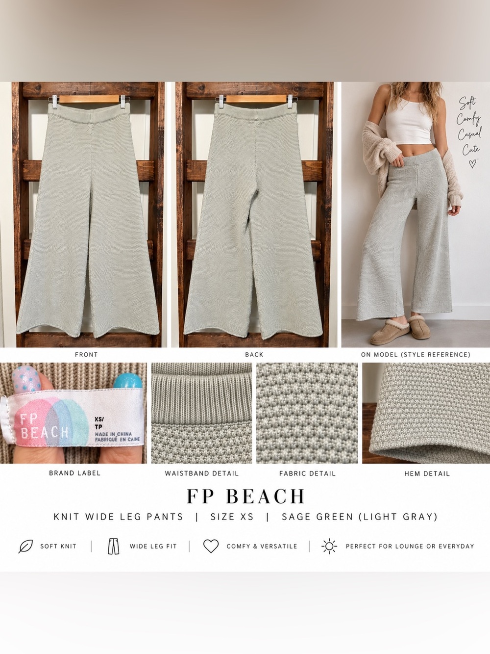 Free People Beach Wide-Leg Hailee Sweater Pants in Sage Green - XS